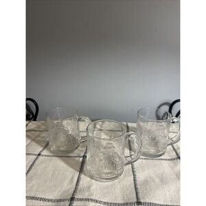Set of 3 Arcoroc France Clear Glass Mugs Christmas Cottage Holiday Trees Snow 4"